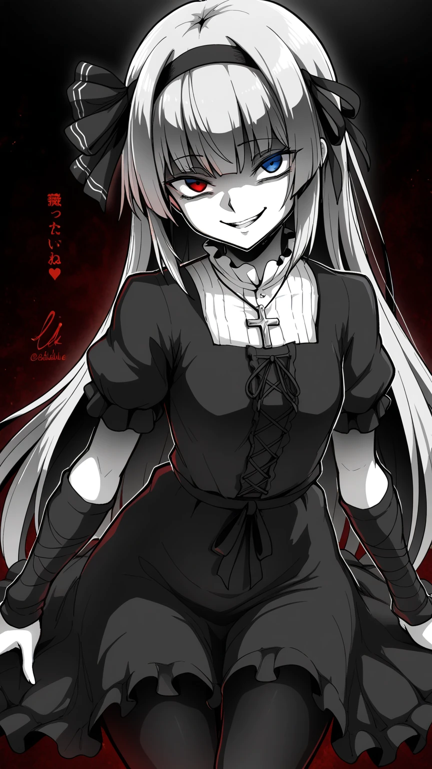 Close-up of a woman holding a knife and a dress, On pixiv, On pixiv Top Rated, pixiv style, pixiv Contest Winner,Wicked Smile,Anxious smile, Pixiv 3DCG, Gothic Maiden Anime Girl, Anime Monster Girl, 1 7 year old anime goth girl, ahegao, Anime Moe Art Style, Enchanting anime girl,latex,elbow gloves,