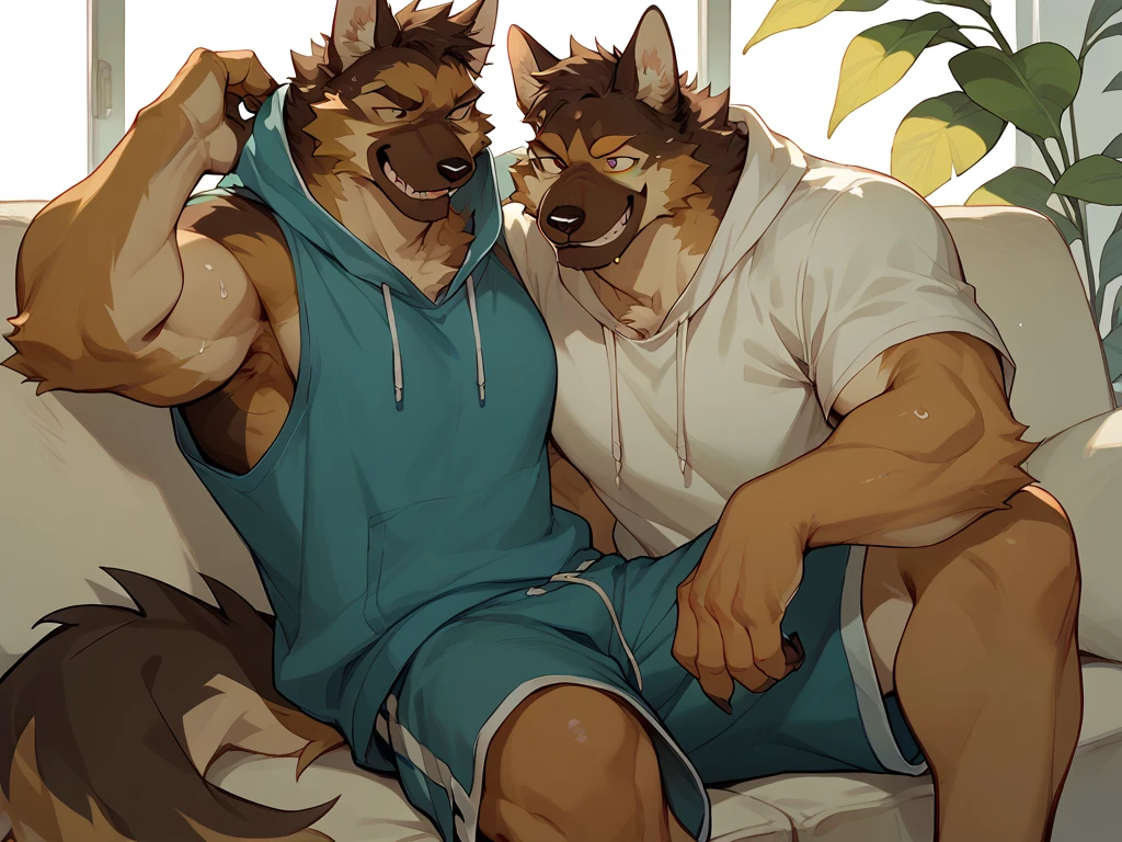 Duo male(Brown Dog vs Brown Wolf, handsomes, handsome hairstyle, Thick eyebrows, detailed face), gay(Lying down, cuddling embraced, body with body, face to face, on a bed match), hot(Shirtless), handsomes(They are handsomes, correct ???????), musculosos(Big muscle bodies, Six packs, muscle abs), sweaty(very sweaty wet bodies, shiny sweat), tatuajes(they have tattoos), grumpy(Both have an grumpy expression, grumpy teeths, steaming breath), UFC gloves(They both are wearing UFC gloves), Hight resolution, by(Zourik:1.1)