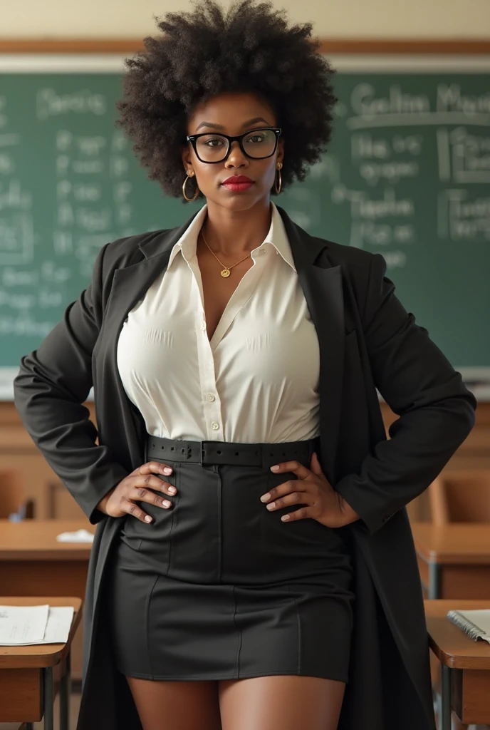RAW, Best quality, high resolution, masterpiece: 1.3), Elegant black woman teacher in the classroom with another adult, Masterpiece, Serene expression, Realistic, 2 adults, Radiant skin, Warm smile, Confident gaze, Bespectacled, with a neat bun, Impeccable attire, Dignified, Wearing a blazer and trousers, White shirt, Black tie, Exquisite accessories, Engaging the student in lively discussion, Chalkboard in the background, Classroom setting, Desks aligned, Books and stationery on the table, Natural light filling the room, Detailed background, Volumetric lighting, Ambient lighting