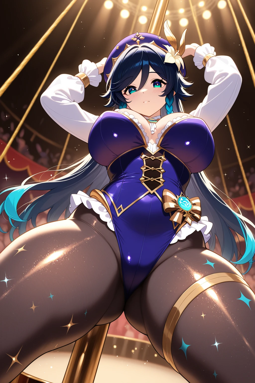 Masterpiece, best quality, very detailed, illustration, 1girl, annoyed, see-through, pantyhose, presenting breasts, huge breasts, large breasts, huge firm breasts, thigh-gap, slim waist, full body, back to viewer, striking long tunic with decorations, staff, smile, staff adsorbing energy