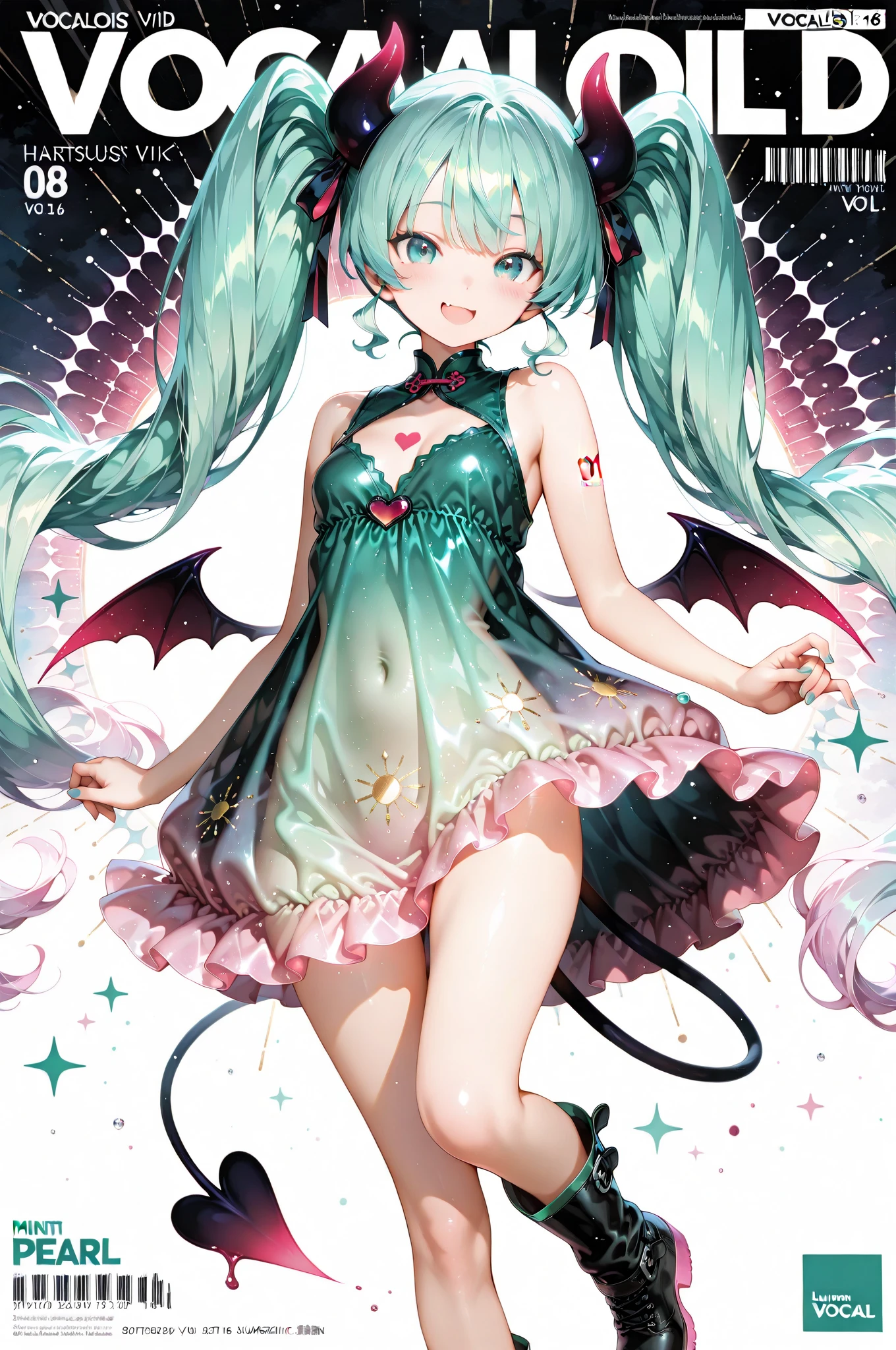 Little girl, stand, holding fan, In place dragon Statue, little smile expression, wearing a green corset outfit, heels, Beautiful eyes, perfect face, full body, masterpiece