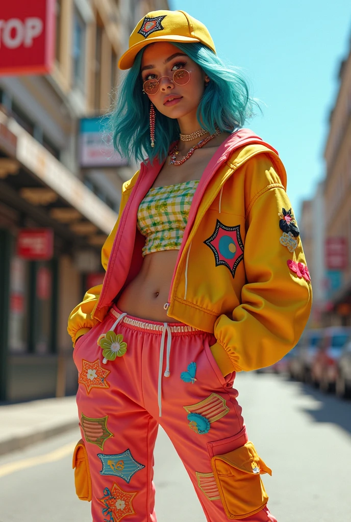 masterpiece, best quality,
1 girl, pretty and cute, (rainbow color Highlight Hair,colorful hair:1.4), wearing blue and purple sunglasses, yellow jacket with white pattern, white sweater, many colored balloons, doll face, ponytail braid, perfect detail eyes, delicate face, perfect cg, HD quality, colored balloons, sky ,black boots