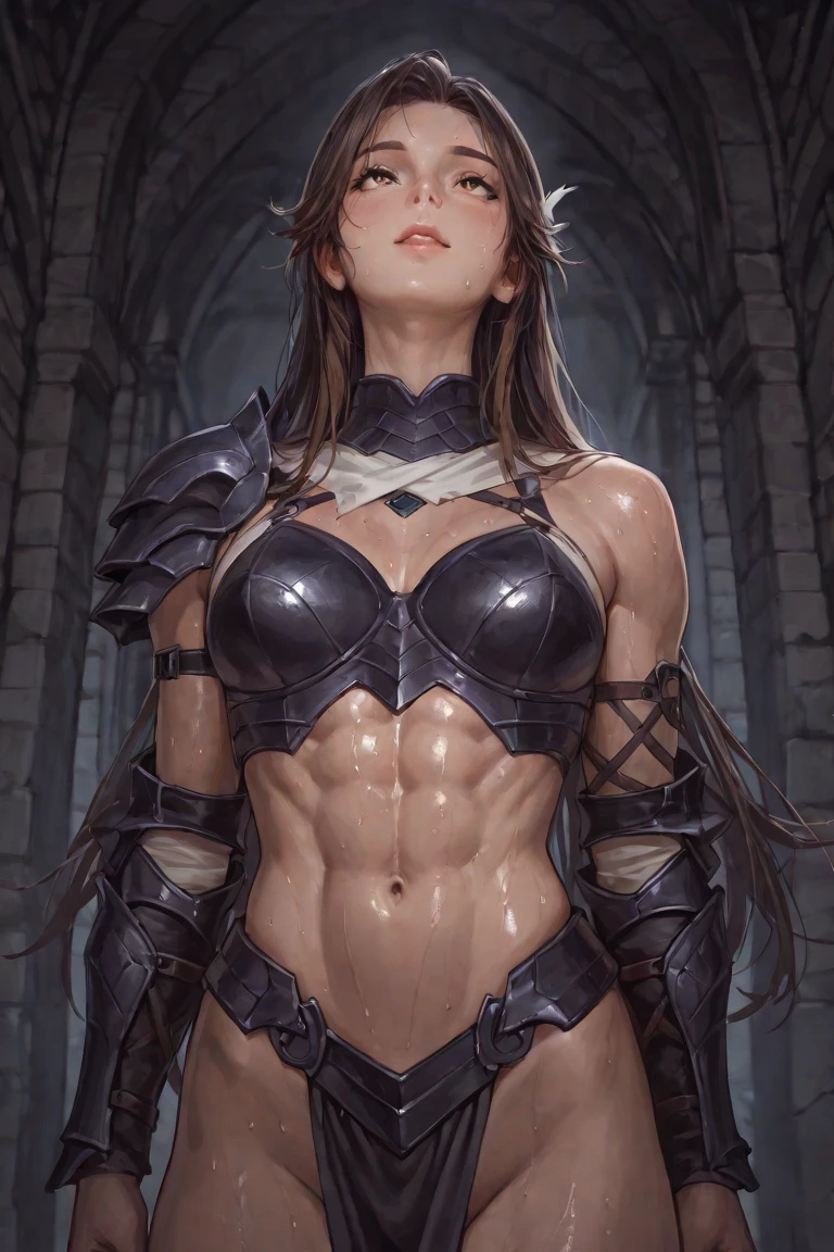 ((Simon Bisley)), Beautiful full-body woman, 30 years old, muscular and perfect body, ((back)), medieval warrior with little clothing, tiny thong, golden metal bra, arm covered by a metallic armor, large breasts, generous neckline, holding a blood-stained sword, brave face, dark kingdom, sexy pose, walking in a forest