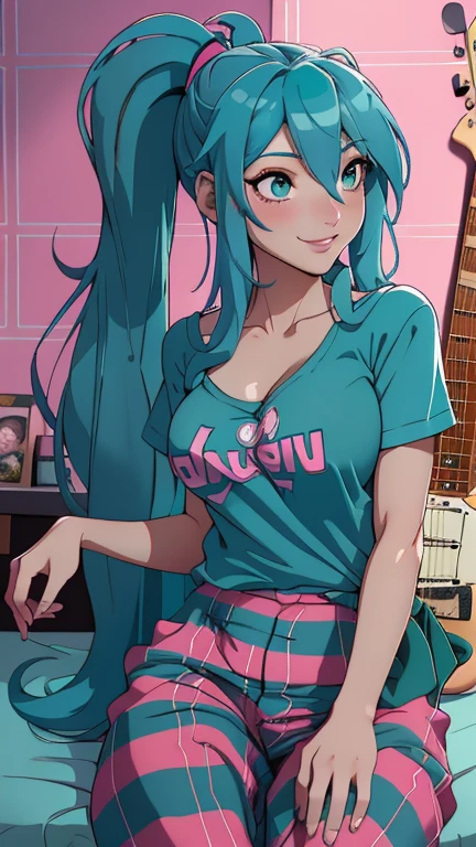 poster, 1girl, aqua hair, arms behind back, bangs, blue hair, blunt bangs, breasts, cowboy shot, dress, long hair, looking at viewer, medium breasts, pink dress, purple eyes, solo, standing, very long hair, yellow background,
<lora:Underwear-000006:.7> panties