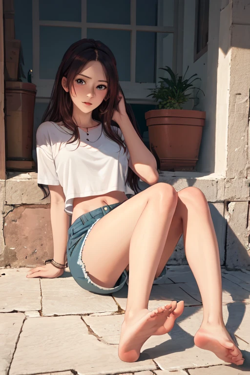 (((naked girl exposed))), a beauty girl,((Matte skin))、The wind is blowing、Well-formed face、((Not wearing pants、fullnude))、fullnude、14years、８Head and body、a small face、A slender、Very skinny、skinny、torso, Short leg length、tiny chest,Ribs、discreet breasts、((Constricted waist、Smaller chest、small tits))、beauty legs、dented belly、Model body type、Lustrous hair、Backgrounds that look like real photos、(((NSFW)))、(((Thigh strap for only one leg)))、Rejoicing face、Girls who do their best to be fashionable、Only one person naked、Girls who take off at any time, tall、Height 185 cm、wrist watch、(((Reveal madness)))、country scenery、countryside field road、(((knee sox)))