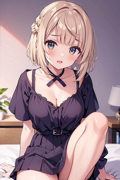 1 girl, golden hour lighting, sweater dress, (Idol), (attractive), ( short hair: 0.8),  open your mouth, middle chest, ( sit on the sofa:1.3), (beautiful detailed face:1.2)