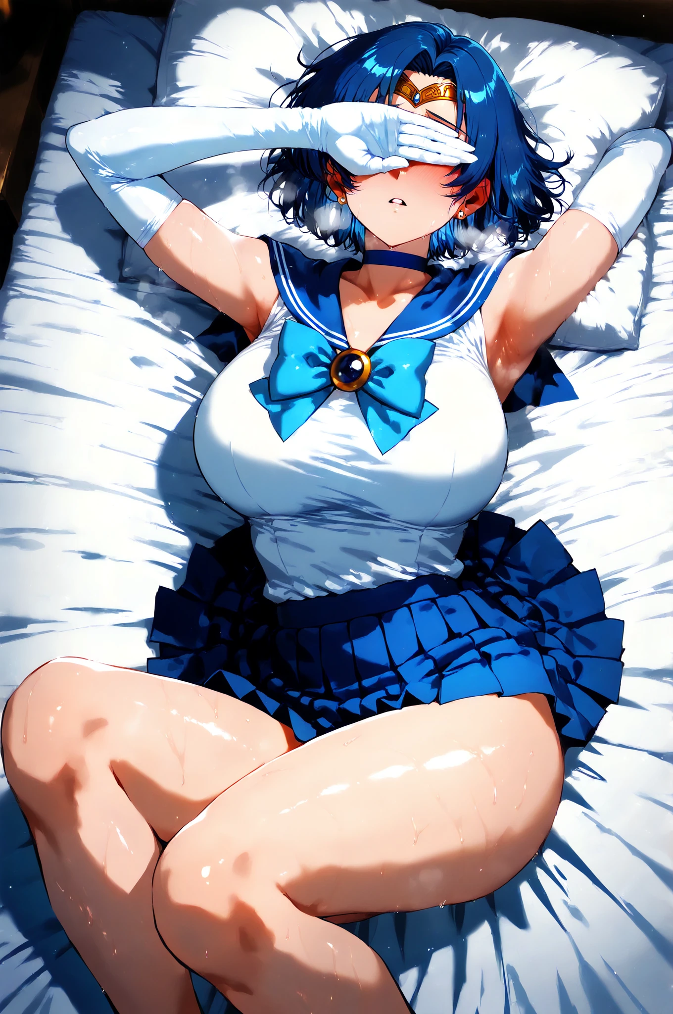 (8k, best quality, masterpiece:1.2), (ultra-detailed:1.2),
(masterpiece, best quality:1.2), (illustration), (perfect details, highest detailed, extreme detailed), dramatic light, (AmiMizuno:1.3), (sailor mercury, neck ribbon, blue hair, short hair, circlet, jewelry, crescent earrings), circlet、Blue sailor collar、solo、Sky blue bow tie、Blue-eyed boy、Very short blue-haired boy、(lift a blue skirt)、Blue choker、Blue knee boots、skirt、bow、back_bow、rating:safe、bootagical Boy、Bare shoulders、bare legs、knee_boots、white glove、jewelry、elbowgloves、blue_bow、sky blue_bow、heart、White leotard、highleg leotard、robe blanche、
((Voluptuous,glamorous,Chubby,thicc,curvy,Leggy,Tall,hanging breasts,1 grandma)),
(lying back down:1.3),(from above:1.3),Lie on your back,(spread legs:1.5),hands up,
nipple,(public hair:1.5),(thong),
(full-face blush:1.2),(embarrassed,blush:1.3),glasses,(nsfw:1.3),
((from front,front face,cowboy shot)),
(open mouth,tongue out:1.3),(cum on tongue:1.1),