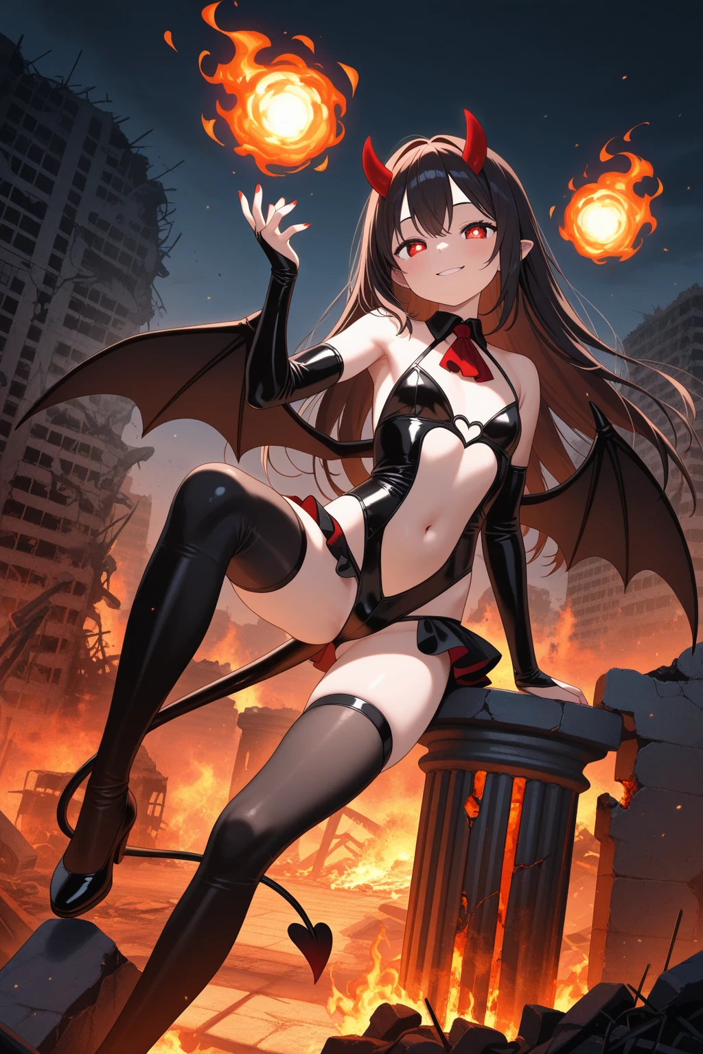 Draw Lana Hot, an anime-style female character. straight black hair with a ponytail, thin eyebrows, burning eyes, vampire teeth with a mouth open in a sarcastic smile. succubus horns on the head and thin tail with a spear tip and long demon wings. small and firm breasts, thin waist, big ass, athletic body. sexy naughty demon armor. open arms with red energy balls in hands in sexy battle position. injuries all over her body. It is on top of the rubble of war-torn buildings. night sky with strong lightning. seen from the bottom up showing all her sexual beauty within the limits of sensuality.