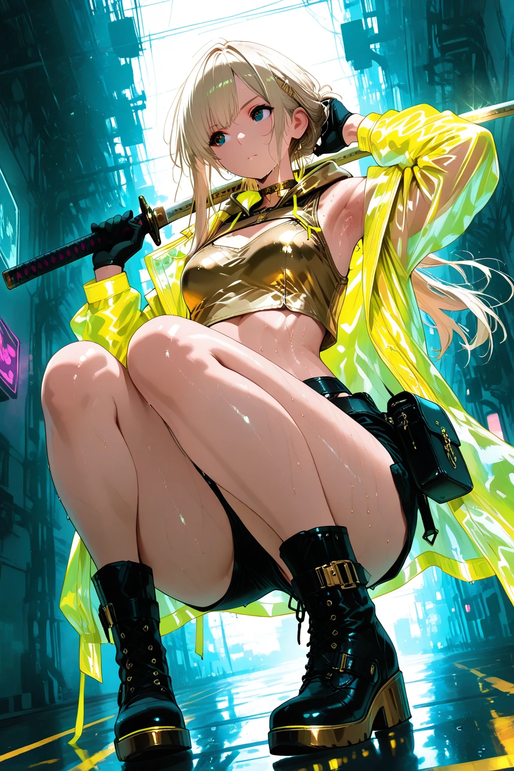 Girl from a shonen manga, strong and determined, smile on the corner of lips, scandalous clothes, futuristic swimsuit with thin vertical stripes, high collar, yellow raincoat, all wet, walking on a building roof, lightning cuts the sky on a rainy day, futuristic buildings in the background, Neon panels illuminate your body from behind, perfect fitness body, coxas nuas, long ribbon-garter, high socks and rain boots, cena sensual, stunning visual
