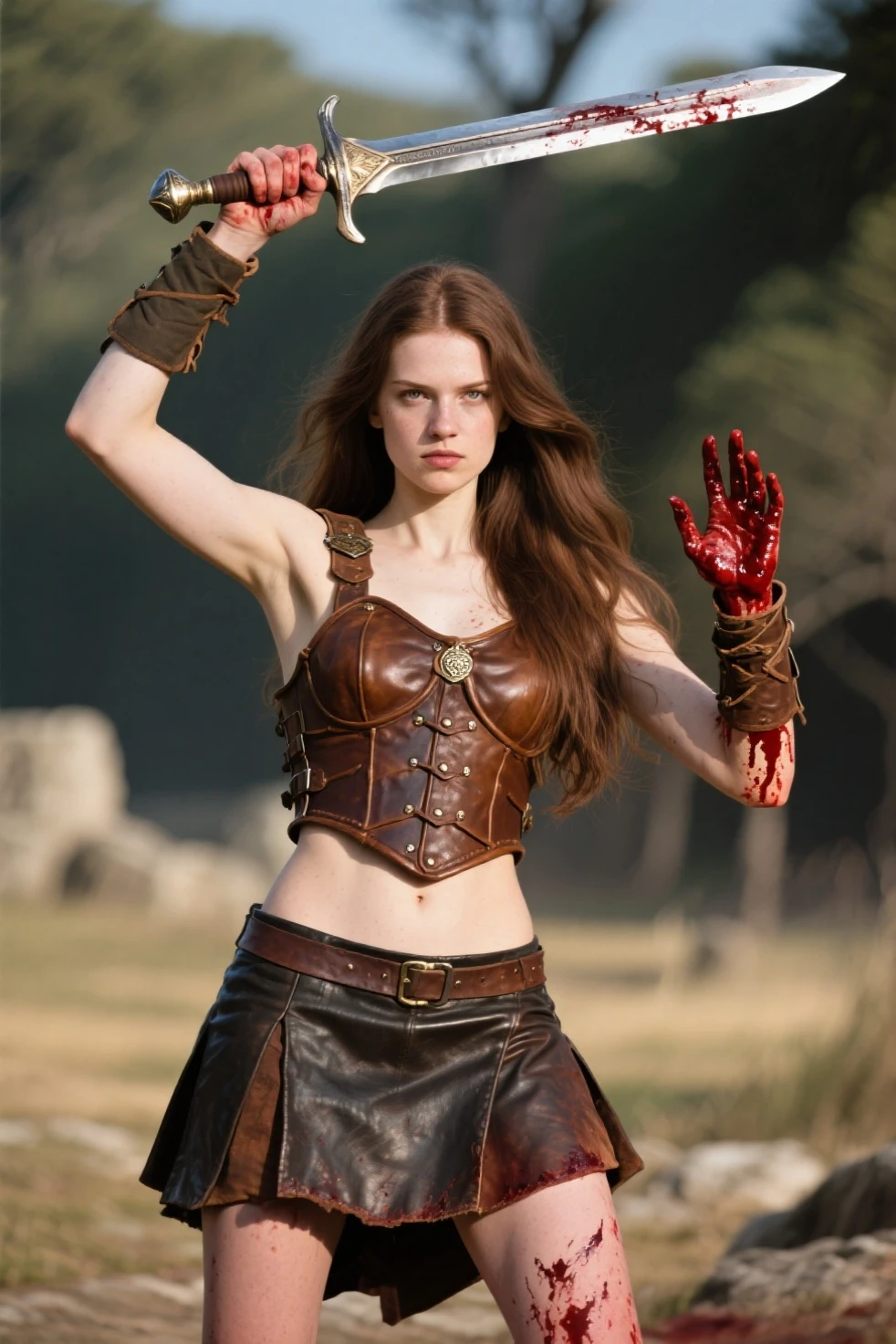 Drawing of one with red hair, brown eyes and warrior clothes with a spathe in her hand