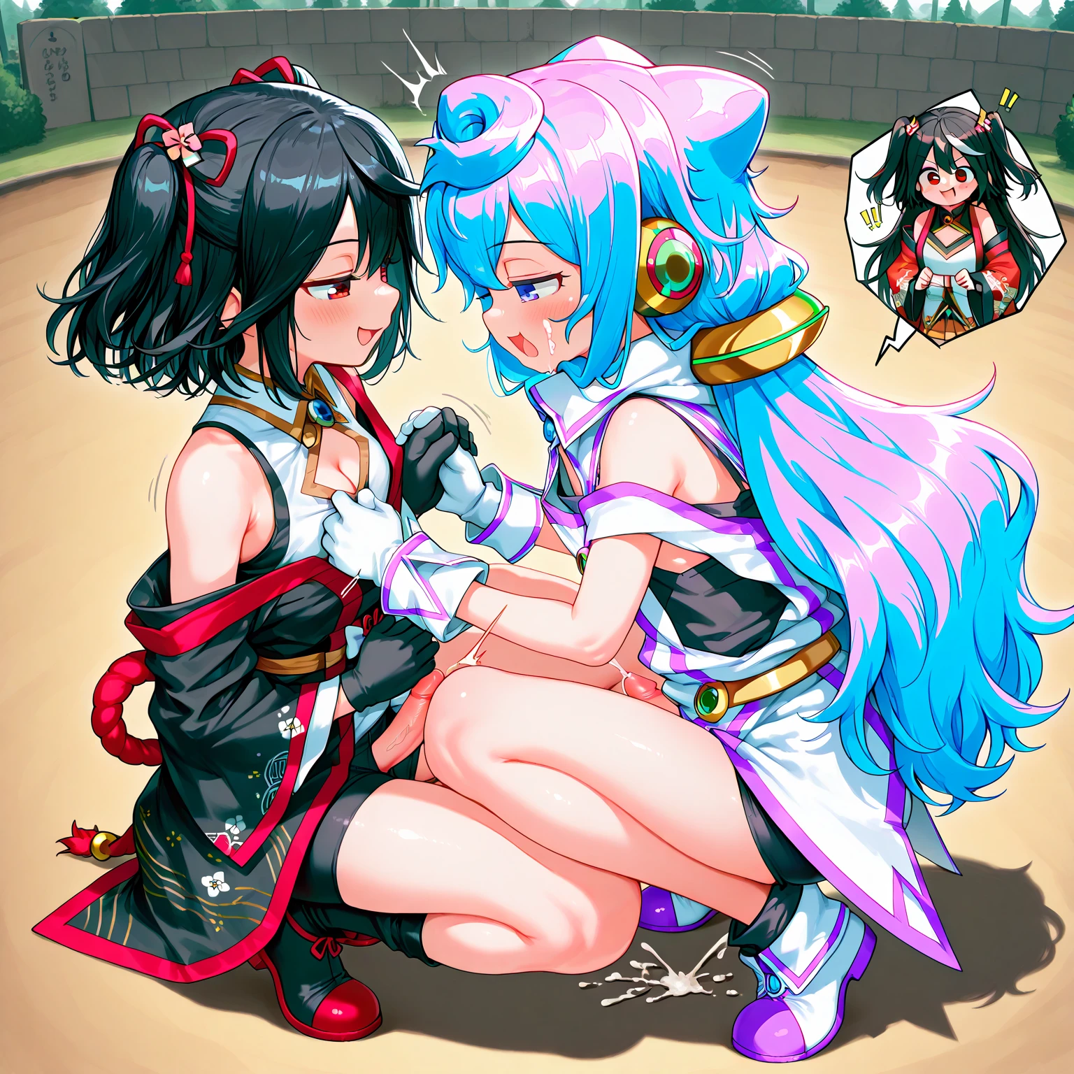 Full body shot from head to feet. A fighting between two character from Dead or Alive, Kasumi versus Ayane. Kasumi attack Ayane with her short sword. Ayame takes a lethal blow and succumbs to her injuries. They have long loose hairstyle. Both of them wears a traditional sleeveless short kimono, with an obi tied at back hip, and short skirt. On their hands, they wear black thin elbow gloves. On their feet, they also wears black thigh high socks, and black short shoes. The battle takes place in a dense and lush forest.