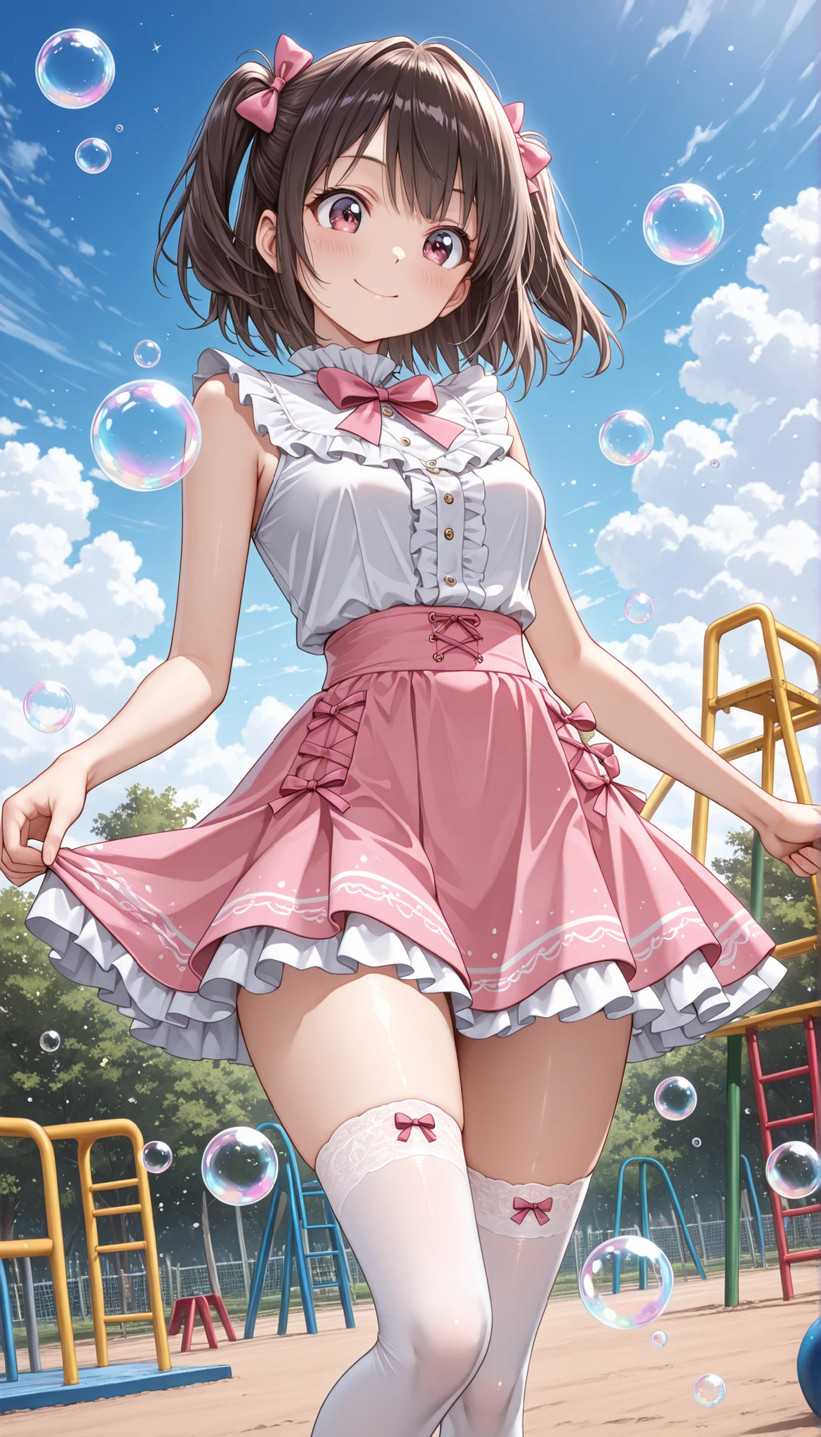 (Beautiful girl : 1.3),1 girl, 18 years old, (white shiny dress, middle chest, décolleté, short skirt with frills , white stockings, pink bow), dark-haired, two side tails, Smile Ian, blush, luminescence art, Colorful soap bubbles, world, playground in the background, Прекрасный world , dynamic angle, masterpiece, highest quality,  Rich contrasts , high resolution, 8 k, high resolution CG Unit Wallpaper, textures, is incredibly absurd, Raw photos, deep frame 1 .2,very detailed 