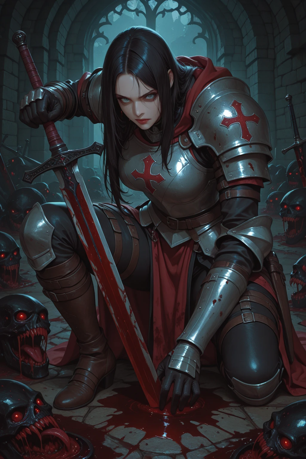 modelshoot style, extremely detailed CG unity 8k wallpaper, full shot body photo of the most beautiful artwork in the world, ((female banner-bearer covered in blood, blood, gore, in pain, wounds, battlefield, standing on one knee)), professional majestic oil painting by Ed Blinkey, Atey Ghailan, Studio Ghibli, by Jeremy Mann, Greg Manchess, Antonio Moro, trending on ArtStation, trending on CGSociety, Intricate, High Detail, Sharp focus, dramatic, photorealistic painting art by midjourney and greg Rutkowski, full body, dark lighting, gloomy, ((fog of war, torn clothes, broken armor, war banner))