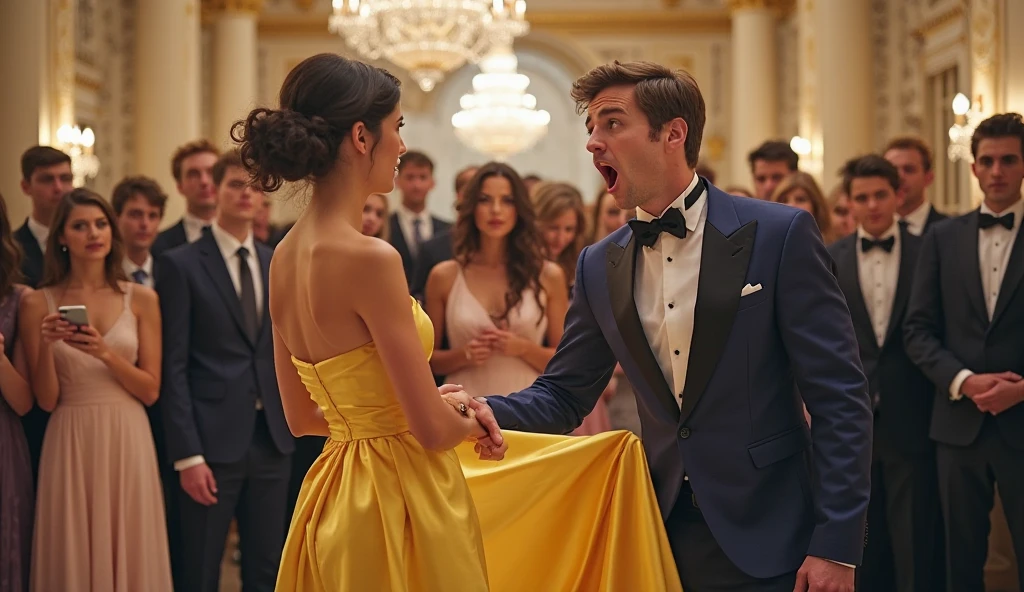 A woman in a stunning evening gown at a glamorous charity gala. The setting is opulent with elegant decorations, chandeliers, and well-dressed guests. She is engaged in a pleasant conversation with a charming man.”
- **Negative Prompt:** “No disheveled attire, no mundane or casual environments, no loud or chaotic atmosphere