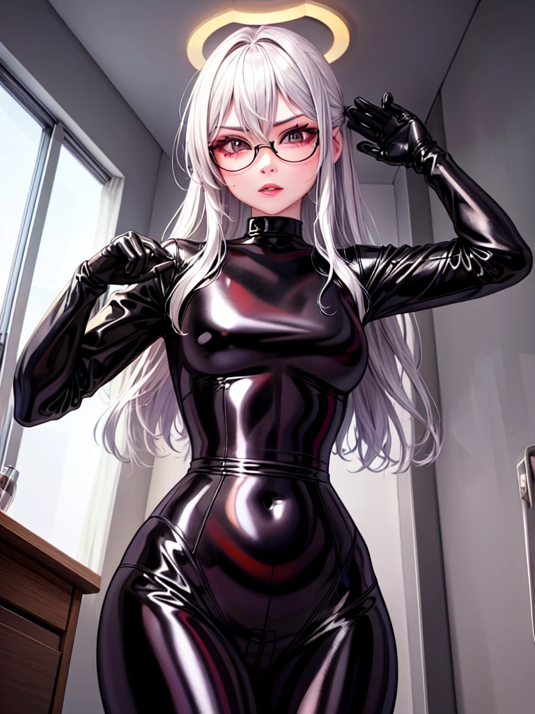 top-quality、8K UHD、A beautiful silver-haired woman with a small nose wearing glasses and a latex sweatsuit is kneeling.、Shiny latex sweatsuit with hidden skin、Angle from below、独奏、 there is a woman in a black dress posing for a picture, Wearing latex costumes, wearing black latex outfit, sexy dress, shiny black dress, black leather slim clothes