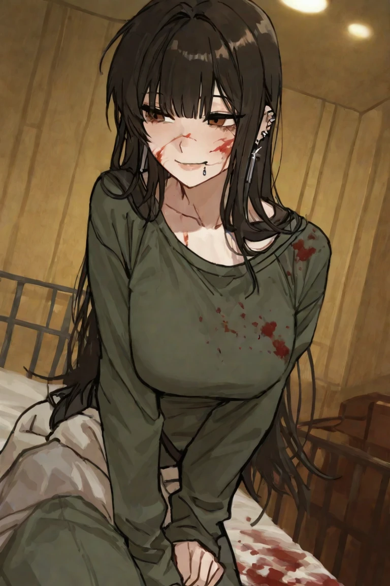 1girl, solo, (extremely long hair), pale skin, (muscular), sweaty, shiny skin, ((huge breasts)), muscular, midriff, black hair, yellow eyes, (thick thighs), bed, standing, (((bleeding))), (((bruise))), (((blood))), (((cuts))), ((tears)), crying, (looking at viewer), (see-through)