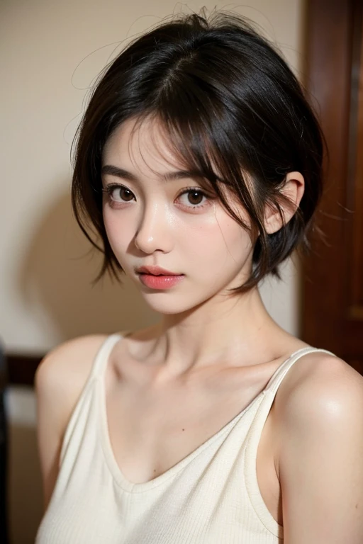 (2 pure Japanese girl,), (Small breasts:1.5,),(solo,,Textured skin, Detailed skin,Detailed face,Detailed eyes,detailed posing,Natural eyebrows,Sparkling Eyes,High detail, Highest quality, Super detailed, Surrealism, ,8k,RAW Photos,Photographicism,Professional Lighting,Ray Tracing,Portrait Photography,Soft Light),(((Black Hair, Natural Makeup,Simple earrings, Bob Hair,A seductive smile))),(((See-through,Put your chest close,Close-up,Dutch Angle, Chest girth, )))