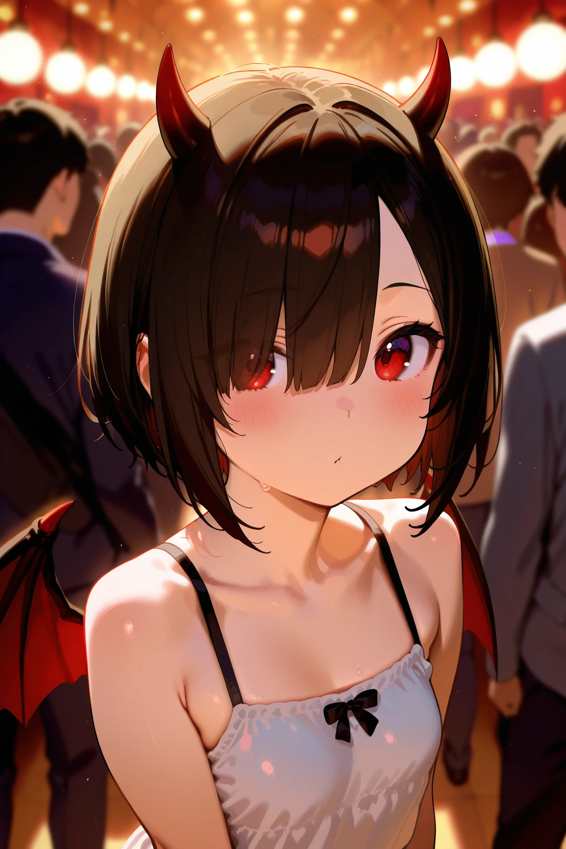 High precision in selection、Highly detailed、best image quality、Anime Style、cute 5 year old girl、High precision in selectionな赤く光る瞳、glossy dark black hair、hair over one eye, bob cut with the tips sticking outward、bats horns coming out of their heads、puffy face、I have big, black devil wings on my back、Walking through a crowd of people in the daytime