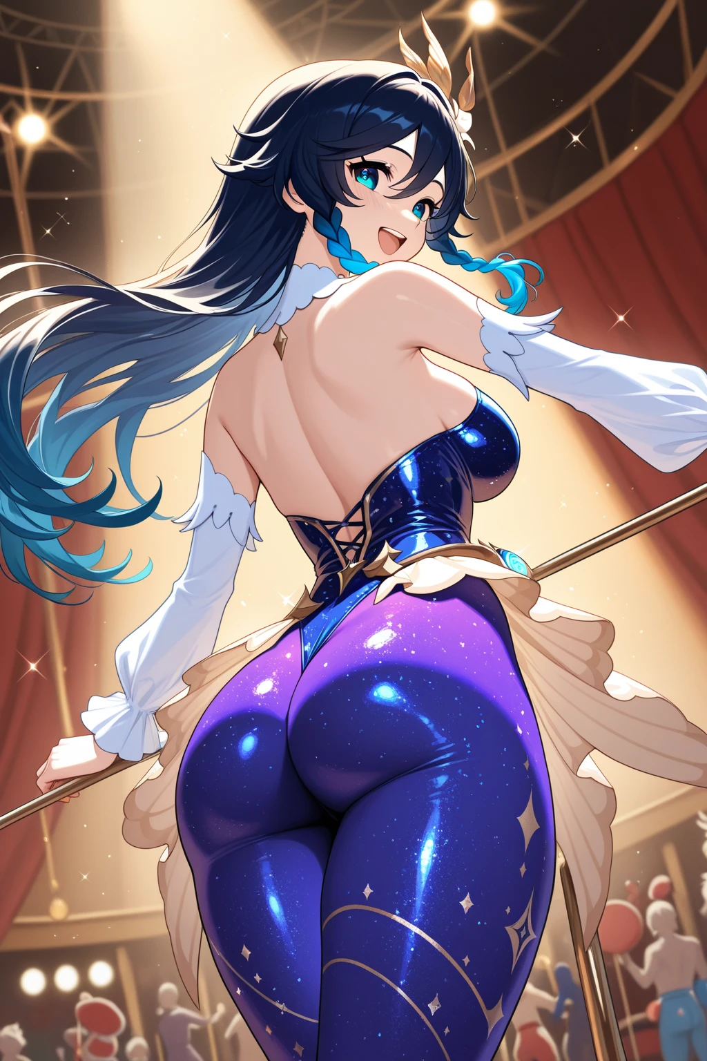 Highest quality Highest quality Draw a face carefully High-definition anime-style face Super Glowing Skin Long black hair Brown leotard Golden pantyhose Succubus lure smile Back view Rear view Ass close up