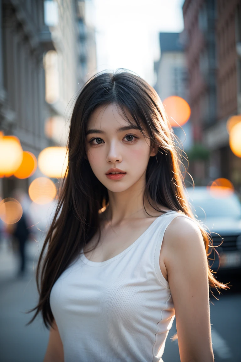 Stable Diffusion prompt:
a girl, long hair, dark brown hair, street dress, detailed eyes, detailed lips, beautiful face, confident expression, natural lighting, highres, realistic, vivid colors, urban landscape style, bokeh