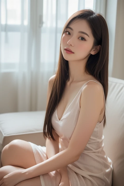 Highest image quality, high quality, Beautiful woman, Japanese, detailed, detailed eyes, detailed skin, beautiful skin, (Reality: 1.4),very beautiful, slightly younger face, beautiful skin, slim, (high resolution), (8k), Vest, skirt, Looking at the audience, Fine details, detailed face, Smile, Look straight ahead, Look straight ahead, From the waist up, Photo-realistic, Bright Lights, Professional lighting, Mature woman, Brown hair, Shoulder-length straight hair swaying in the wind, Fashionable long bangs, lying in bed, wearing pajamas,