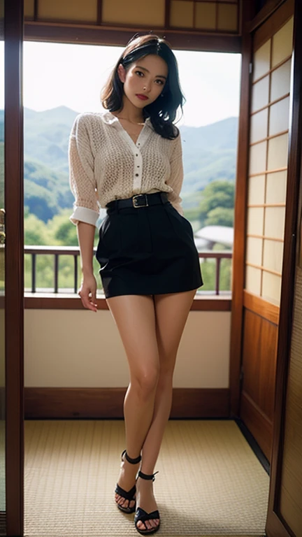 Pure Japanese nurse girl, sweet temptation, outstanding body, beautiful legs, wearing nurse wear, high heels, lift up skirt, spread wide legs, shiny pantyhose, natural hairstyles, sweet smile, sitting, professional portrait photography, composition from the front, 