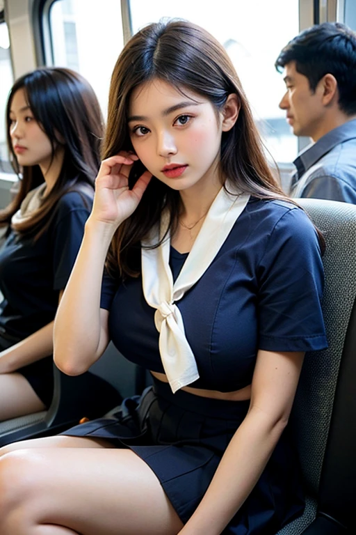 (masterpiece, Highest quality:1.2), 8K, 15 years, 85mm, Official Art, RAW Photos, absurdists, White dress shirt, Pretty face, close, Upper Body, violet, Gardenia, beautiful girl, , (Navy Pleated Skirt:1.1), Squeeze the waist, Thighs, Short sleeve, in the train, sit on bench seat, Looking away from audience, No makeup, (smile:0.4), Film Grain, chromatic aberration, Sharp focus, Face Light, Bright lighting, Teen, Detailed face, Bokeh Background, (Dark red tie:1.1) Upper body naked Showing nipples Show your pants Showing nipples