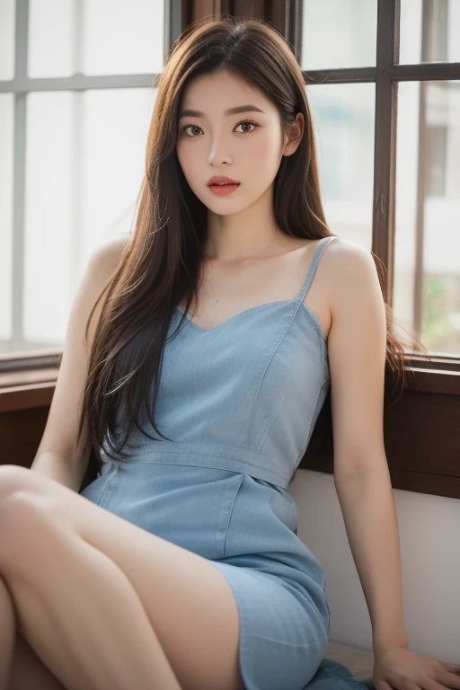 (((best quality))), (((ultra detailed))), (((masterpiece))), illustration,((a fragile and beautiful young girl,solo)),((slim,thin)),((small breasts,flat chest)),((sitting on a hospital bed)),(in a striped blue and white patient's shirt:1.2), ethereal appearance,(shoulder length straight hair:1.2), delicate features, expressive eyes, porcelain skin, worried expression, vertical stripes on the gown, loose fit, slender fingers, polished nail polish, clinical examination room, faded walls, doctors' cart, stainless steel, hospital backdrop, stark contrasts, cold environment, warmth and vulnerability, poignant moment, moving image,((from front,upper body)),(spread legs apart:1.3)