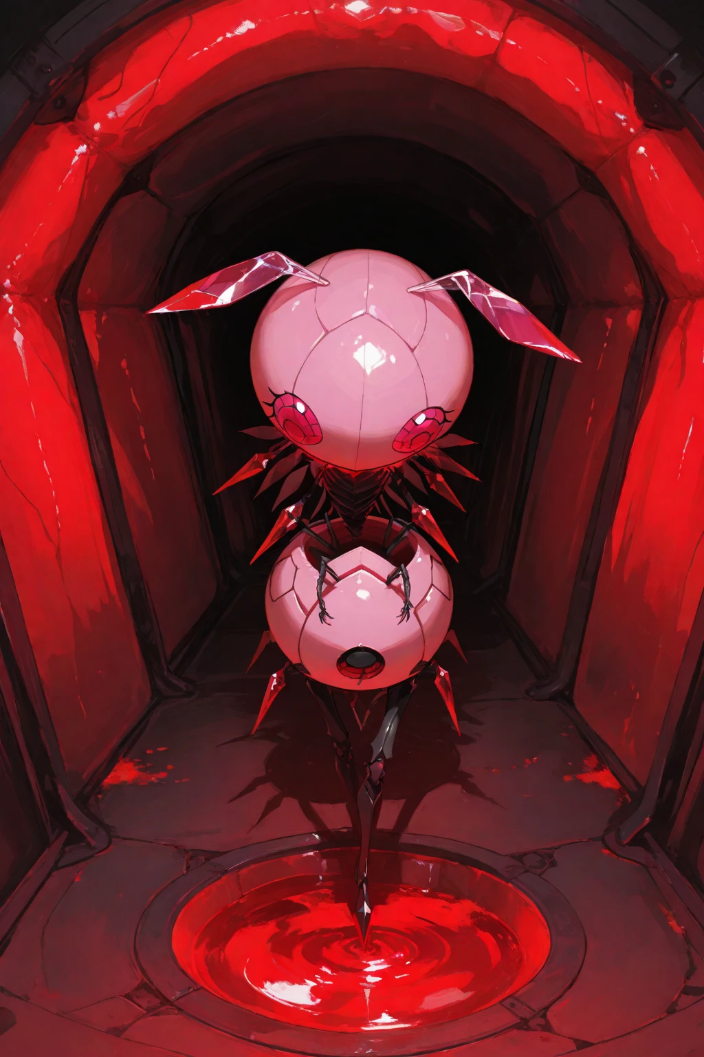 upper body, hornet, 1girl, solo, mask, closed eyes, simple background, (black skin:1.2), red capelet, turtleneck, hands on hips