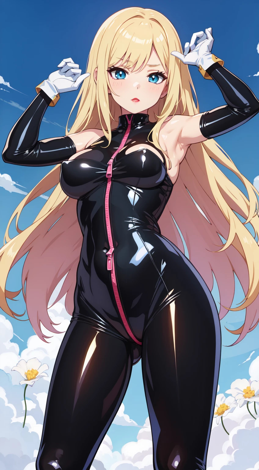 Expressive, score_9, score_8_up, score_9_up,, masterpiece, high quality, highly detailed, 1girl, camie utsushimi, light brown hair, dark brown eyes,Expressiveh,,,,,, thin waist, sit on stool, white background,, catsuit