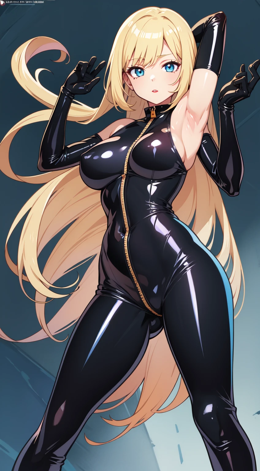 (masterpiece), Magik from x-men, in a black&gold Monokini, blushing, looking at viewer, standing in a futuristic laboratory