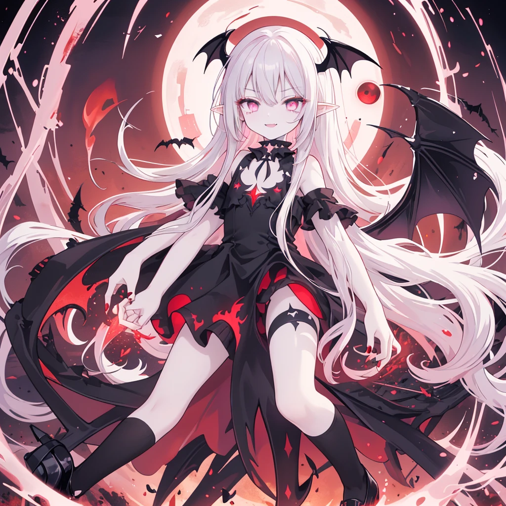 Pale girl, floating in the hair, (white hair), red eyes, black sclera, looking down at the camera, full body, splashart, (with six dark red wings), demonic atmosphere, beautiful girl, intimidating, detailed body, detailed face, detailed hair, (with a bright green background)