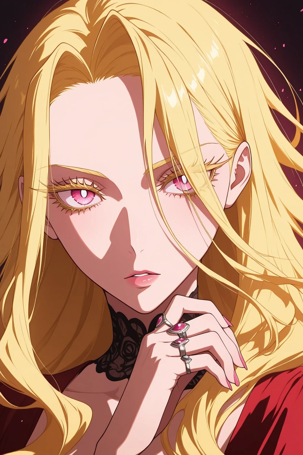 <lora:ManhwaUltima-000039:0.80>
shoujo-style, shoujo, romance manhwa, 1girl, detailed hair, blonde hair, red eyes, breasts, jewelry, solo, cleavage, earrings, hair ornament, looking at viewer, bug, butterfly, long hair, dress, necklace, collarbone, large breasts, bangs, upper body, red dress, makeup, simple background, hair flower, parted lips, gem, medium breasts, eyelashes, masterpiece, detailed, (heavy sight), angry, (detailed eyelashes), upper body, hair between eyes, bangs, closed mouth, messy hair, white background,