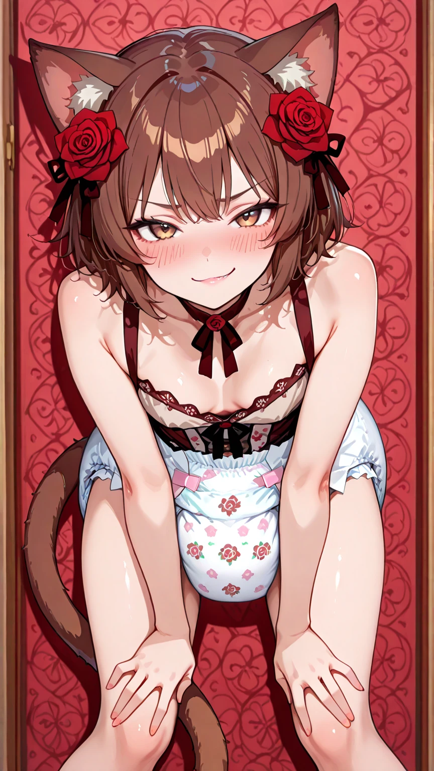 Full body, girl,  A pretty woman, long black wavy hair, Brown eyes, sexy, cat ears and tail, fangs, surrounded by roses, sexy pose, 