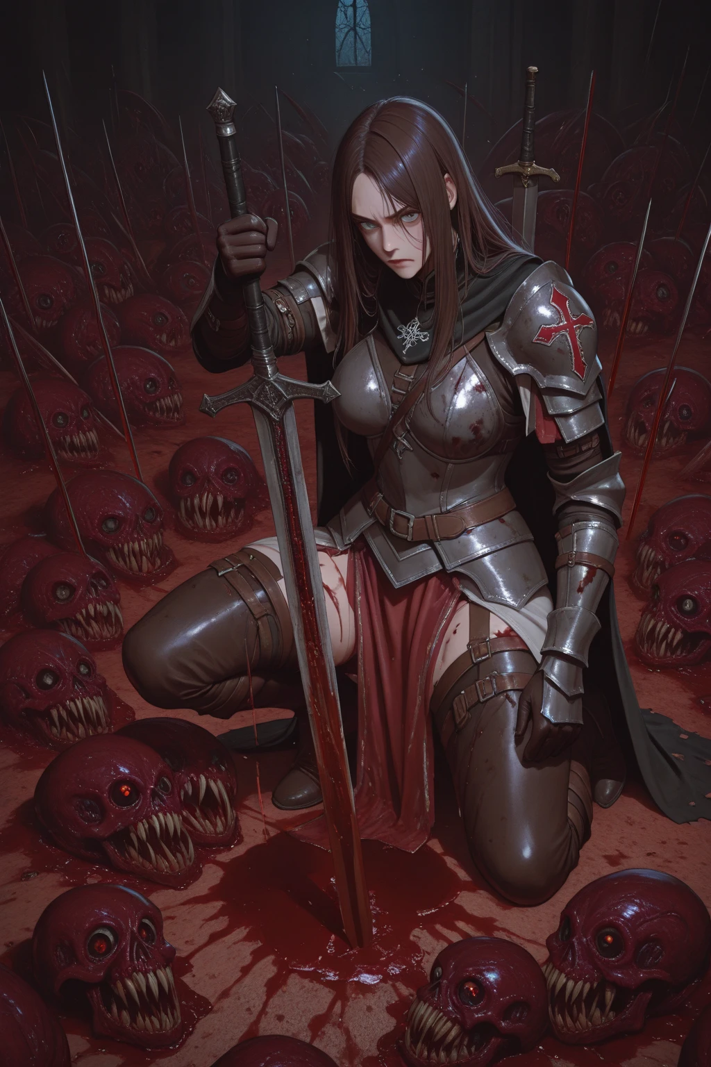 ((masterpiece)), best quality, ultra-detailed, extremely detailed, high resolution, emotional and melancholic art,(1garota), high-contrast darkness, blood-red stains, monumental armor, crying on the ground, devoured by deep sorrow, surrounded by death,(dead bodies):1.2, haunting atmosphere, intense emotions.