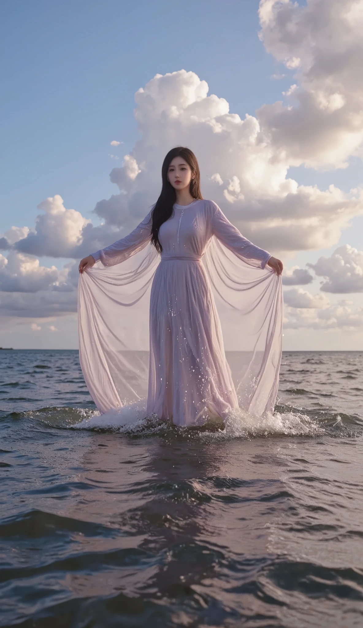 Depict a person standing on a bridge overlooking a calm river at dusk. The sky is painted with soft, fading light, and a single, bright star is beginning to appear. The person holds a small, glowing pendant near their heart, symbolizing the simplicity and power of positive change within. Reflected in the water below is not just the sky, but also a faint image of a shining star, representing their own inner light. The mood of the scene should be peaceful, reflective, and full of quiet determination