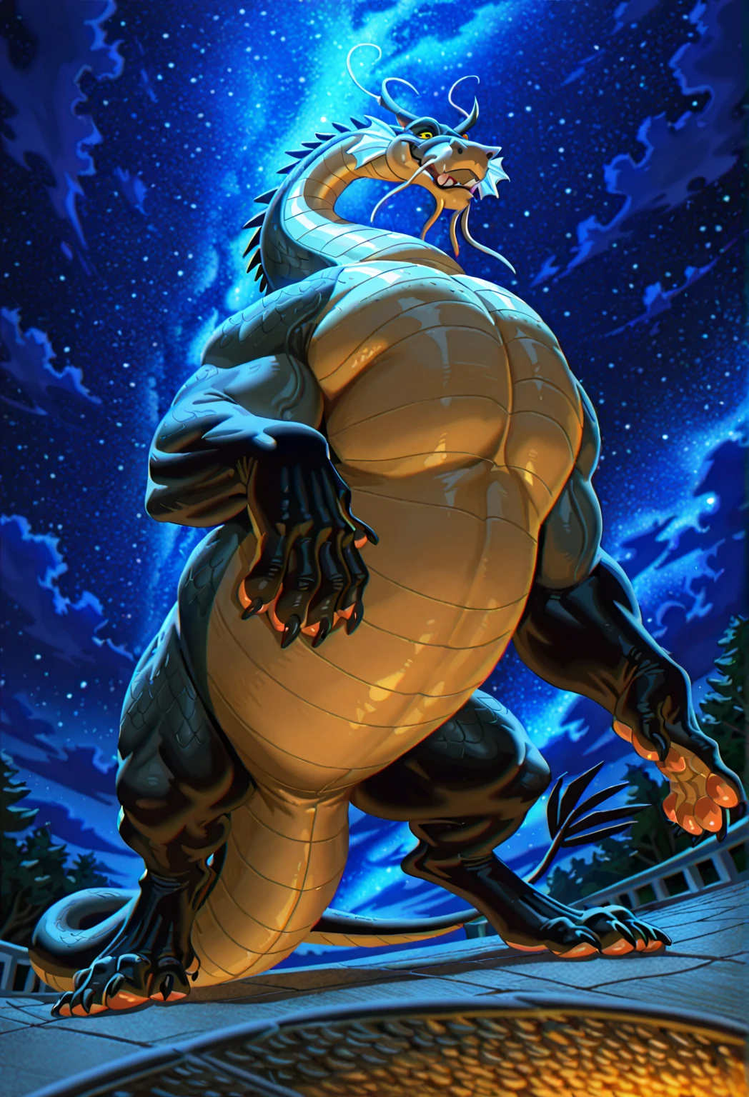 NSFW, Solo, male, space, daddy tyrannosaurus, massive, enormous, tall, huge, wide, thick, buff, giant biceps, huge pecs, muscular, by bebebebebe, smirking, smug expression, big tail, thick tail, grin, sweaty, large chin, massive jaws, thick neck, strong lower jaw, extremely hung, hyper cock, massive penis, big balls
