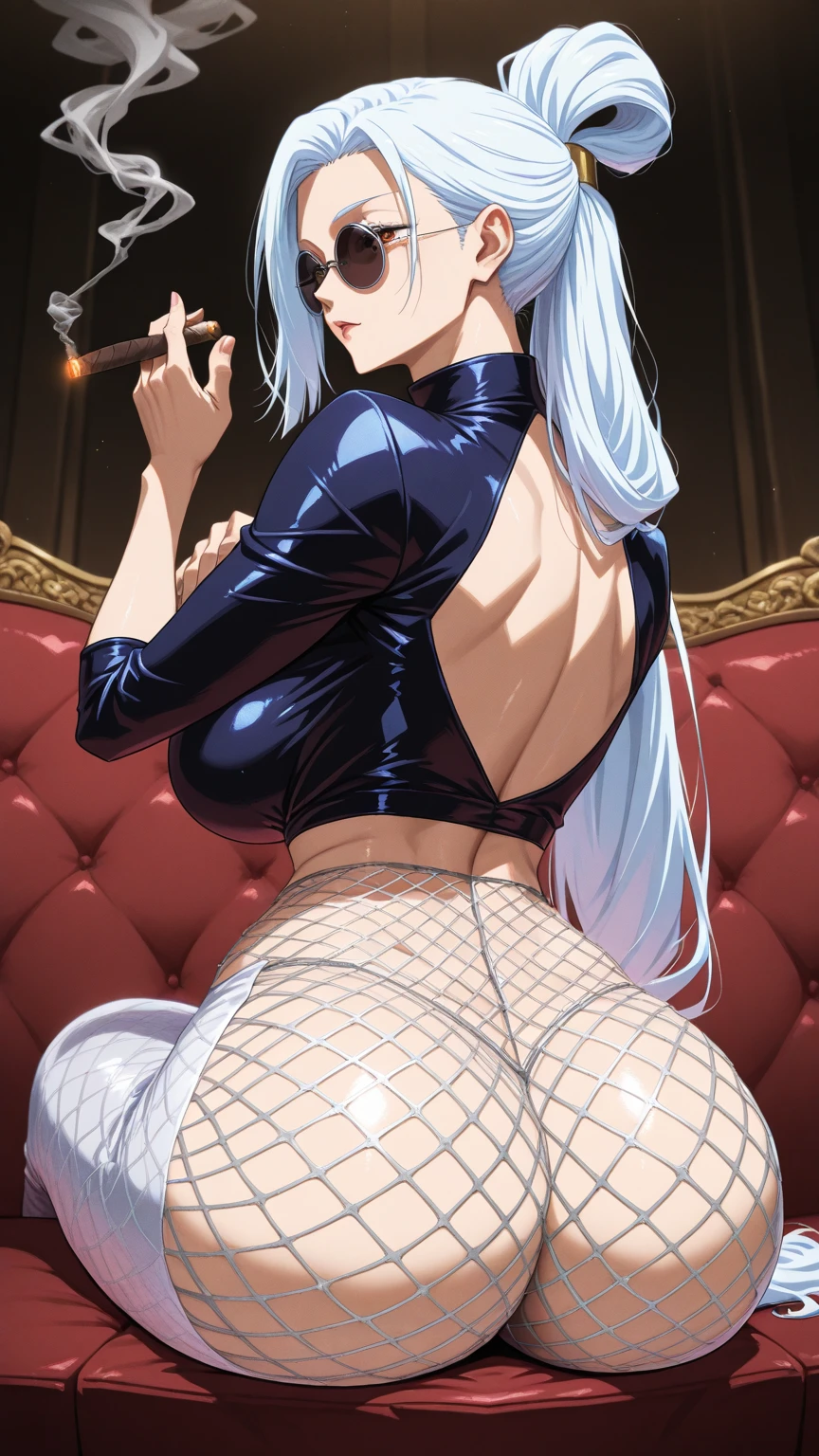 score_9, score_8_up, score_7_up, score_6_up, h1m3n0, 1girl, , mature female, Mei Mei , ((white braided hair, hair over one eye)), red lips, latex bdsm white nurse uniform, seductive smile, highly detailed bedroom, seductive pose, sitting on the chair with crossed legs