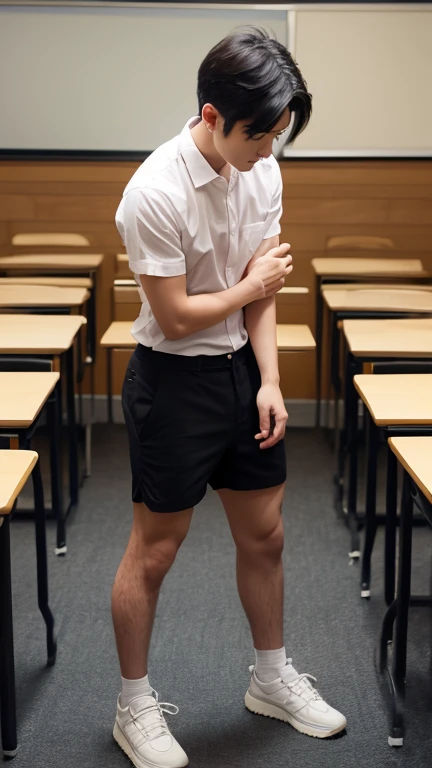 A young Korean guy 18 years old is angry face, small thin body , naked in white underwear, standing in a        classroom with many friends laughing.,soft light filter 