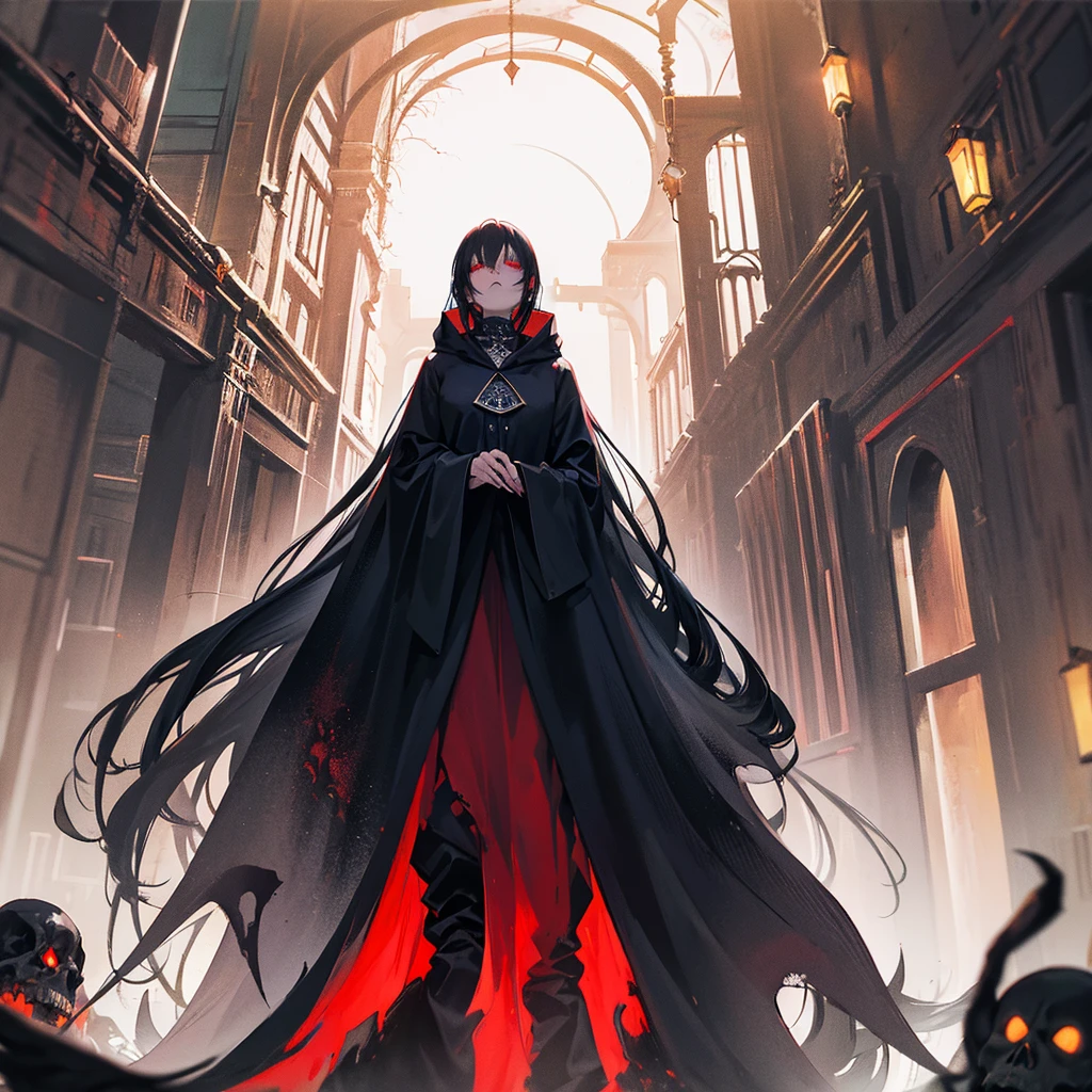 Dark and mysterious,night,Blood Rain,Gothic anime wizard, Mysterious Man,Let me show you the God of Slaughter!哥特式非同寻常的Artistic masterpiece,heavily clouded,unforgettably beautiful,Ethereal moonshine,Eerie Shadows,Strong contrast,Creepy,Artistic masterpiece,Detailed texture,dark palette,Disturbing atmosphere,Impressive artistry,Fine details,Gothic architecture,Dramatic Lighting,Os tons vibrantes de vermelho,an ominous,Strange symbols,Surreal elements