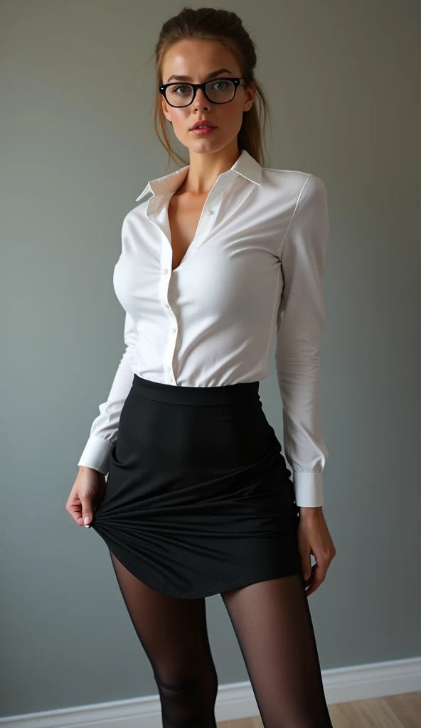 tenue: Hailey Grice respire la confiance et le professionnalisme dans sa tenue de bureau, opter pour un look épuré et stylé. Elle porte une paire de taille haute, des collants noirs moulants qui soulignent élégamment ses jambes, voir à travers, voir culotte. Avec un chemisier blanc impeccable et des bijoux minimalistes, Soraya incarne l’équilibre parfait entre sophistication et sensualité sur le lieu de travail.
corps: Avec ses cheveux longs, des yeux captivants, et les seins, Hailey Grice respire la confiance et l’élégance dans son ensemble de bureau.
image: Une haute qualité, Ultra-détaillé chef-d&#39;œuvre, capturant Hailey Grice dans son élégante tenue de bureau avec juste des collants pour habiller le bas de son corps, Présenté en haute résolution, regarder le spectateur, chef-d&#39;œuvre, meilleure qualité, très détaillé, désir, Rougir, (Description des yeux belle et détaillée), (visage beau et détaillé), corps féminin parfait, (meilleure qualité), (Ultra-détaillé), (chef-d&#39;œuvre), (haute résolution), (original), (les fonds d&#39;écran CG Unity 8K extrêmement détaillés)