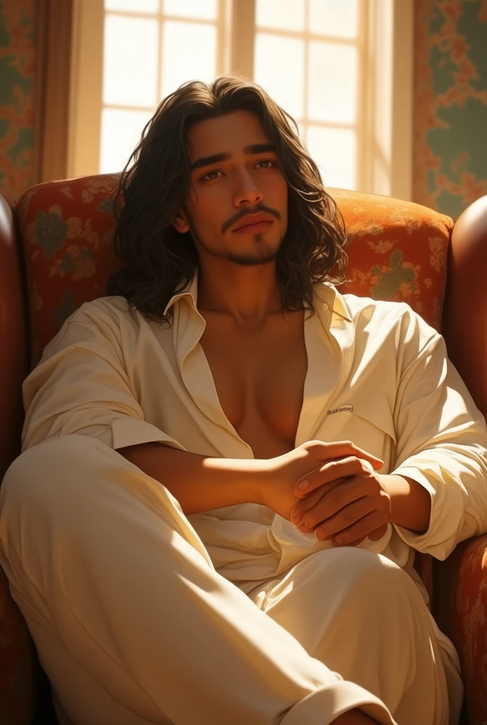 (photorealism:1.2), beautiful krishna, sitting on stone, wearing loose off-shoulder top, pajama pants, long curly hair, indoors, soft lighting, plants in background, window with sunlight, cozy room, relaxed pose, realistic, intricate details, warm colors, by Greg Rutkowski, by Alphonse Mucha