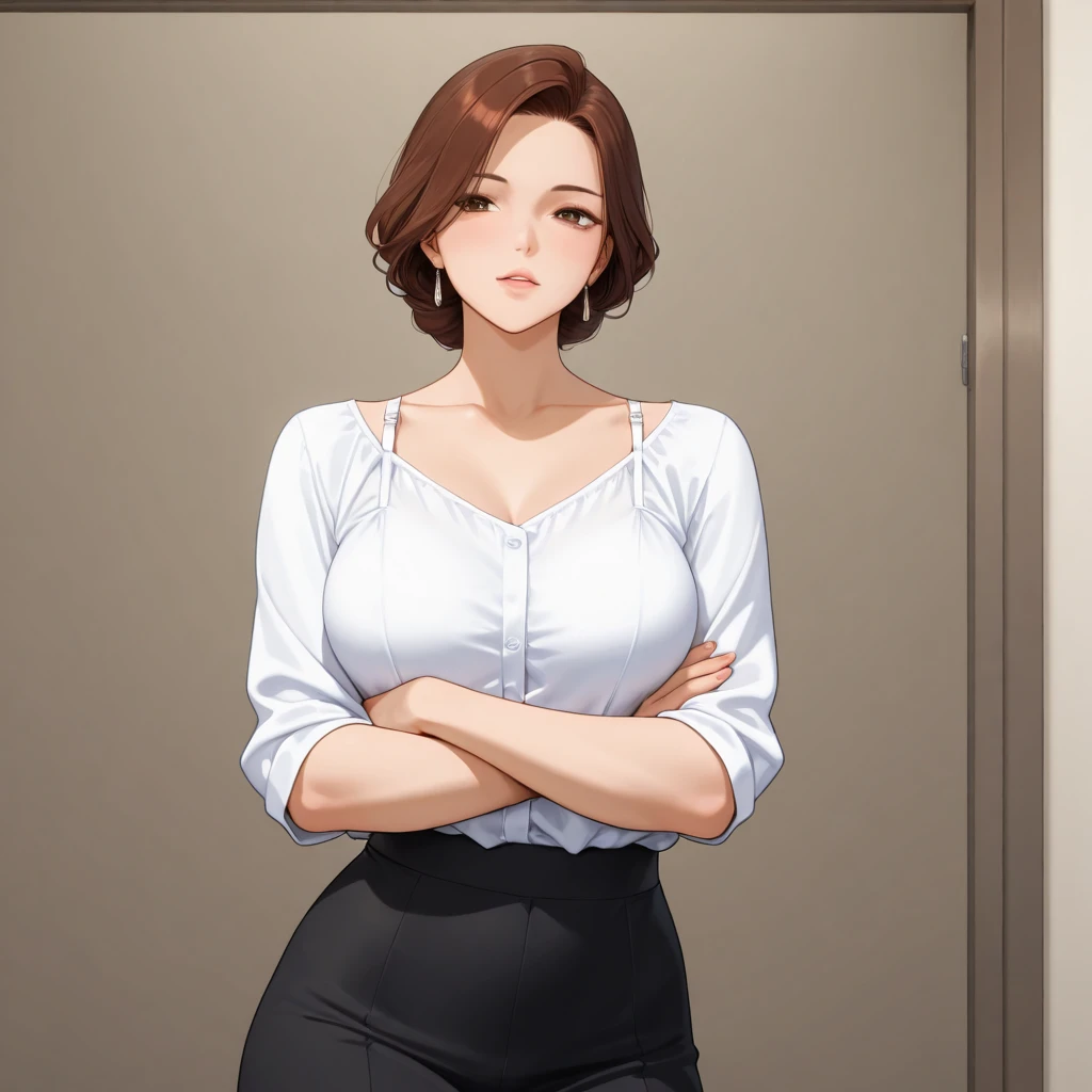 masterpiece, best quality, absurdres, perfect anatomy, beautiful background, beautiful face, beautiful eyes, beautiful body, upper body, shinjiye, 1girl, solo, short hair, large breasts, black hair, dress, jewelry, necklace, mature female, brown dress, Mimicking a ballet pose, <lora:ShinJiye:0.85>