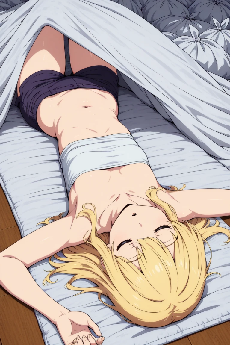 (1girl ,solo,20s,mature female),blonde hair,long hair,cat ears,(((dark skin))),(Egypt),white sleep oufit,bare shoulders,sleep,lying on bed,night,separated lips,