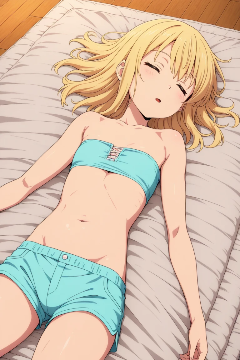 A anime girl, milky white skin, light brown hair, lying down on a bed on her stomach, wearing black jean booty shorts, with a white crop top