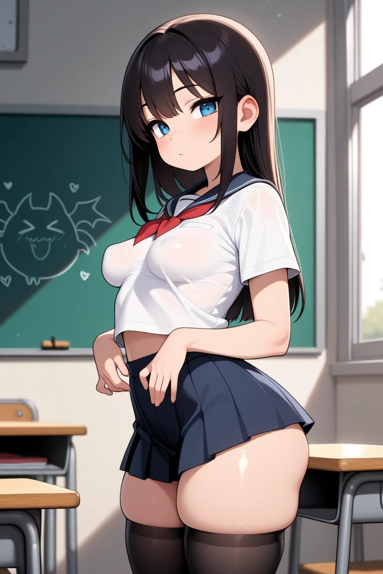 best quality,1girl,((big breasts:1.5)),((((loli,10 years old,,little girl:1.3)))),curvy,orgasm,ahegao,blush,blue eyes,black hair,long hair,((two side up:1.1)),((school uniform,white shirt,plaid skirt,blue skirt,mini skirt,lift skirt,upskirt,white panties,lace panties,black thighhighs:1.1)),classroom,pussy juice,((fighting stance,standing on one leg)),