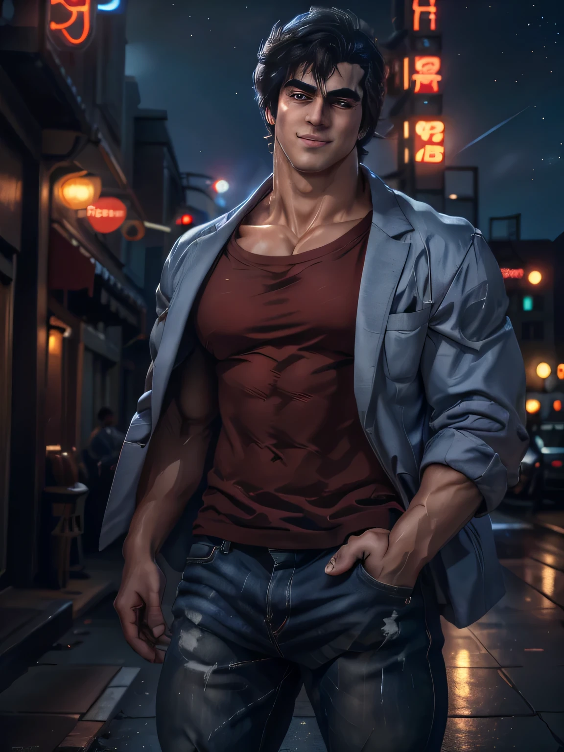 (saeba ryo city hunter ) blue suit jacket Red t-shirt, jeans, lewd smile, standing in front of a coffee shop. depth of written boundary, awesome solo, Realistic texture, Realistic Skin, Whole body, Highly detailed CG, Super detailed, extremely detailed handsome face, Extremely finely detailed, (night city, illuminations, night sky), atmospheric lighting, Captivating lighting, Beautiful collarbone, perfect style body, Perfect fotomodel body, Sharp Face, , skyscrapers, Accurate Fingers, HDR, (detailed beautiful eyes:1.1), High-definition RAW photos, ush colors, exposure +1.5