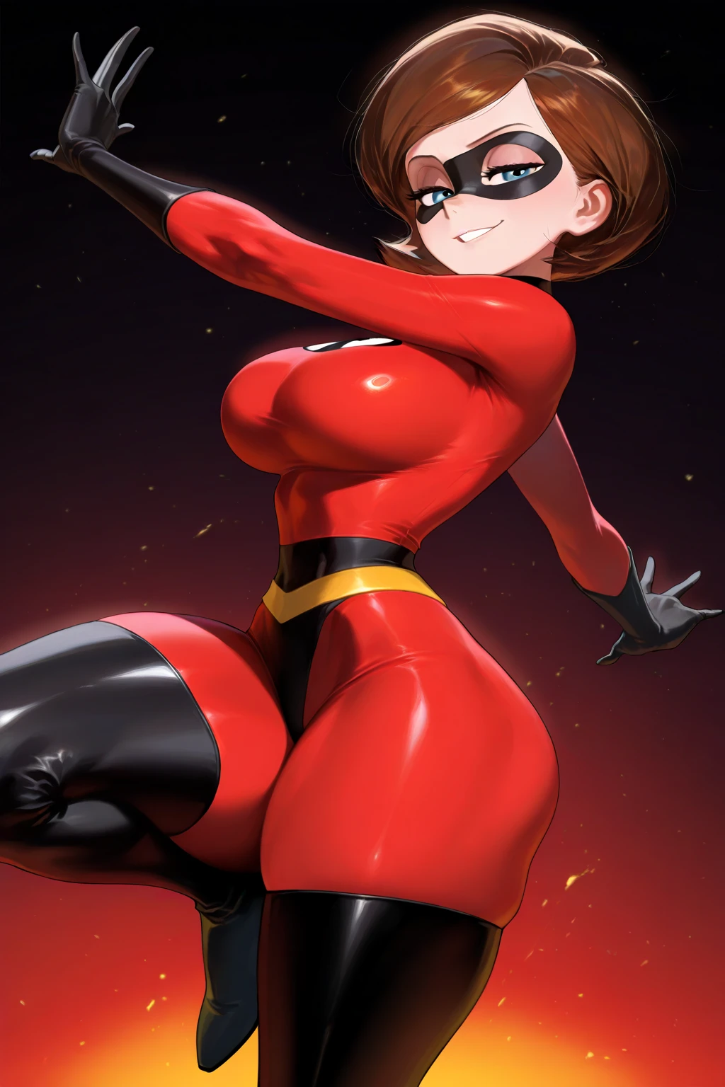score_9, score_8_up, score_7_up, score_6_up, score_5_up, score_4_up, looking at viewer, cowboy shot,helen parr, 1girl, solo, brown hair, brown eyes, red bodysuit, domino mask, elbow gloves, lips, yellow belt, thigh boots,outdoors, (open mouth), (ball gag in mouth), tied with ropes, shibari, (hishi karada), whole body, sexy, big breasts, (arms tied behind), (legs tied with ropes)