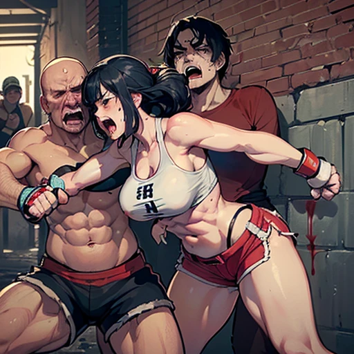 Two men and women fighting in a street fight。A female street fighter is crying after being beaten。Covered in bruises。Bloody。shortness of breath。Drooling。Frightened expression。Running out of energy。Sweaty。Short black hair。Open Finger Gloves。Upper body naked。Denim shorts。Erect nipples。One eye closed。Leaning back。A man's fist hits a woman's face。