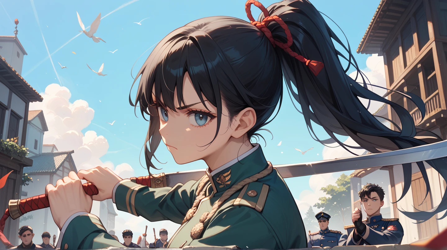 ((masterpiece,best quality)),((1girl)),Black hair, Female soldier,military uniform,Beautiful face,Black hair,sunlight,((sky:1.8))sunlight,the sun,snowfield,((profile)),